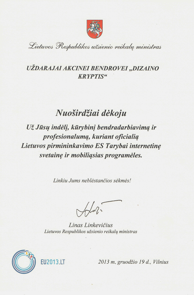 Lietuvos Respublikos užsienio reikalų ministro padėka